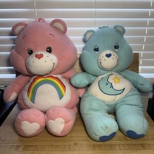 2 Care Bears Plush Large Rainbow Pink 25" Tall Vintage 2004 Jumbo & 2002 Blue